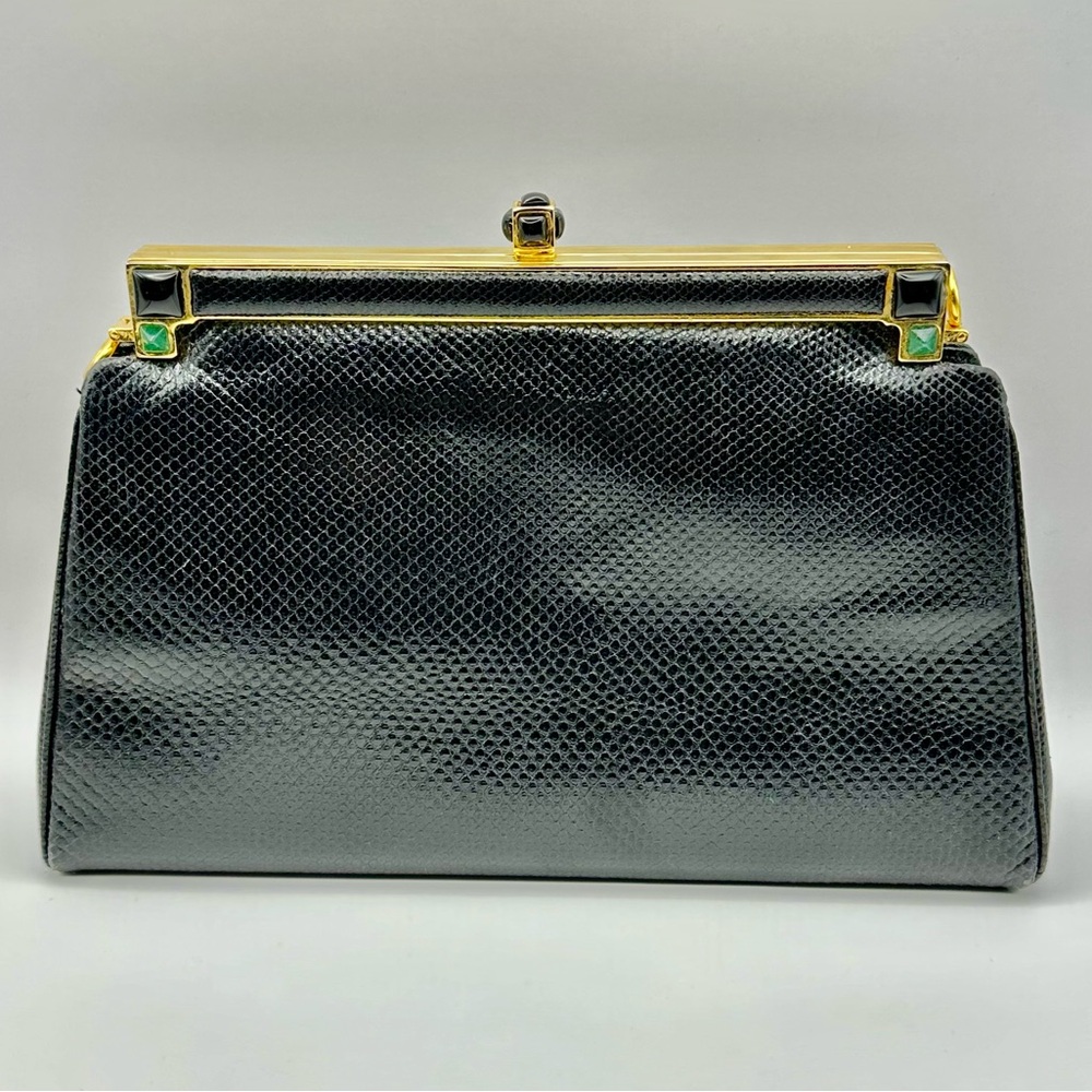 Judith Leiber VINTAGE Clutch Black Snakeskin Embossed with Removable St…